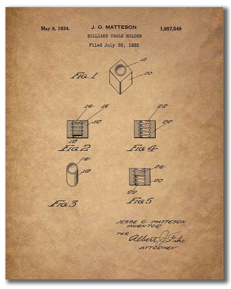 BigWig Prints Billiards Patent Wall Art - Vintage Pool Table and Cue Stick Blueprint Prints, Historical Billiards Artwork, Rustic Game Room Decor, Pool Hall Wall Art - Unframed Set of 6 (8x10) - Image 2
